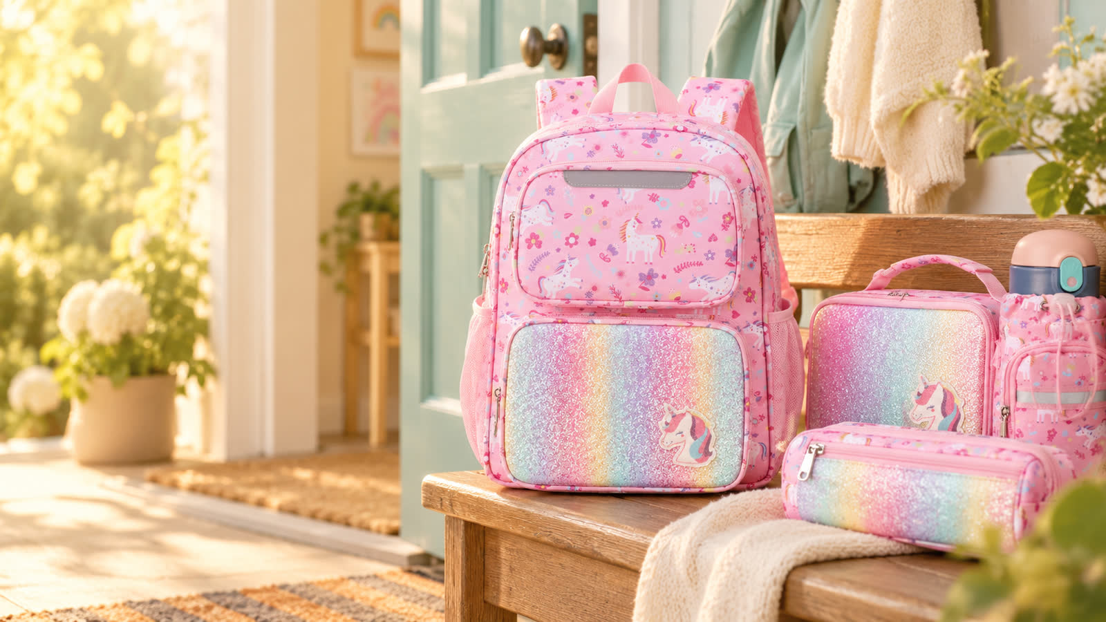 BrainyBees collection for school days, including backpack, lunch bag, pencil case, and bottle carrier.