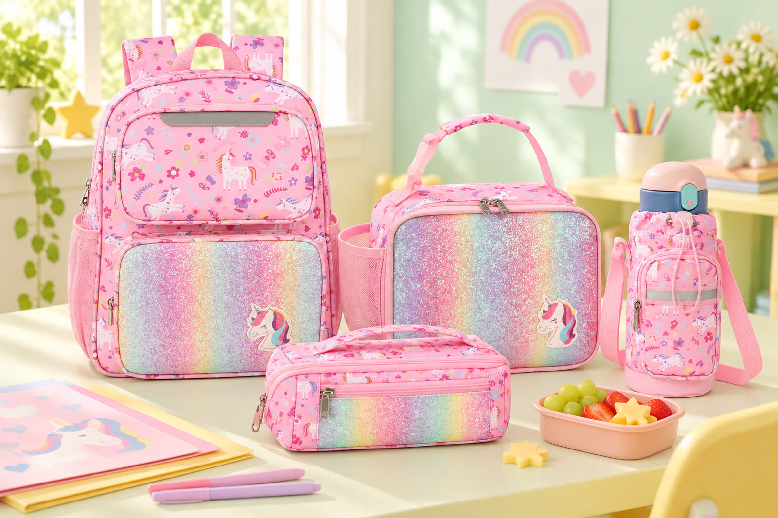 School-day scene with a kids backpack, lunch bag, pencil case, and bottle carrier.