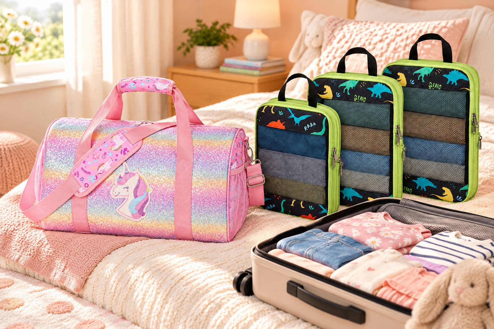 Short-trip scene with a kids duffle bag and packing cubes.