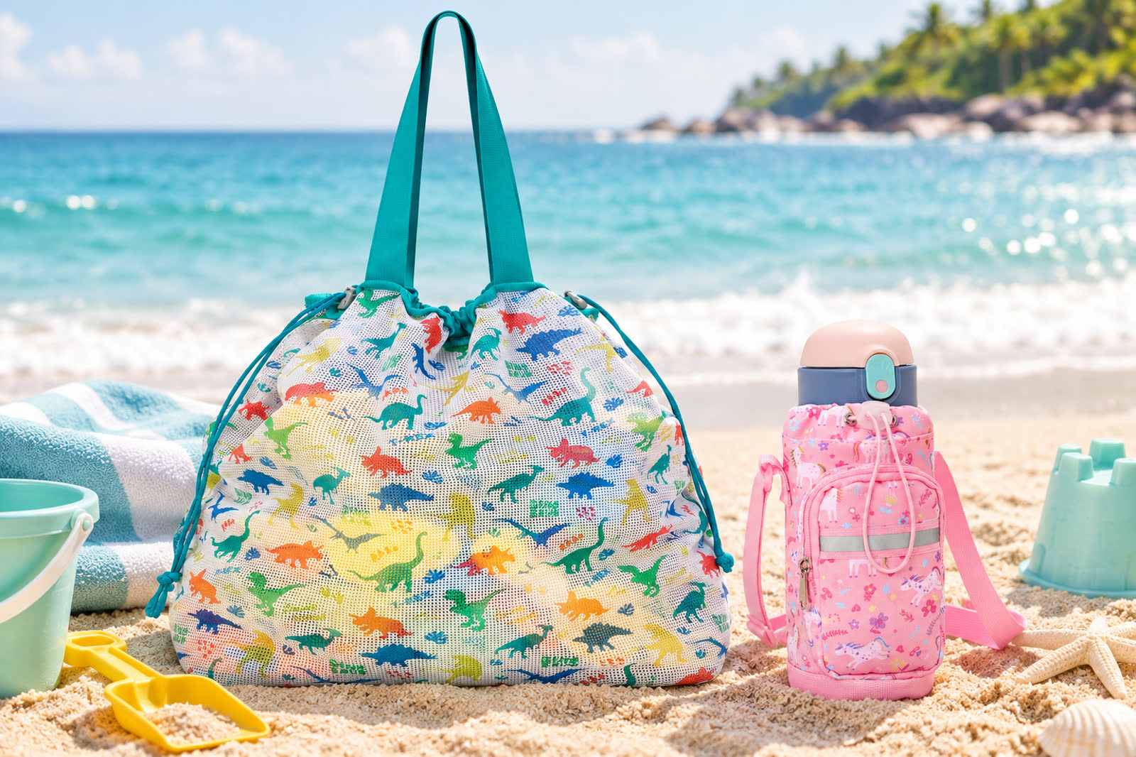 Water-play scene with a mesh beach bag and bottle carrier.